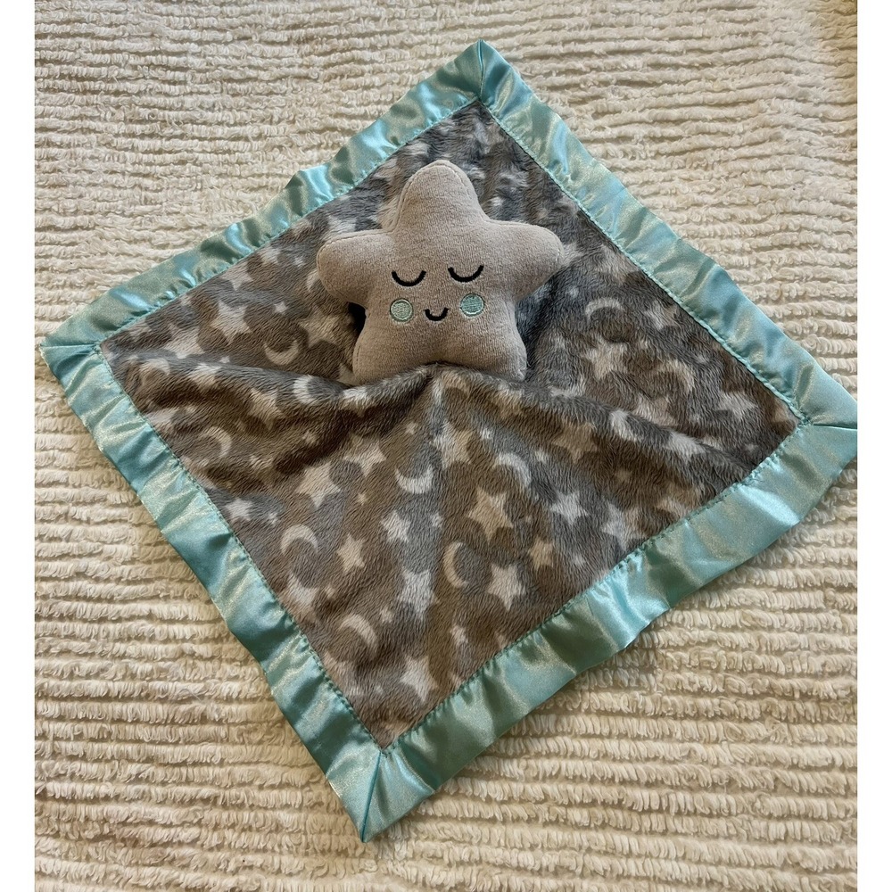 Parents Choice Star Moon Gray Plush Lovey Blanket Stuffed Turquoise Satin Trim